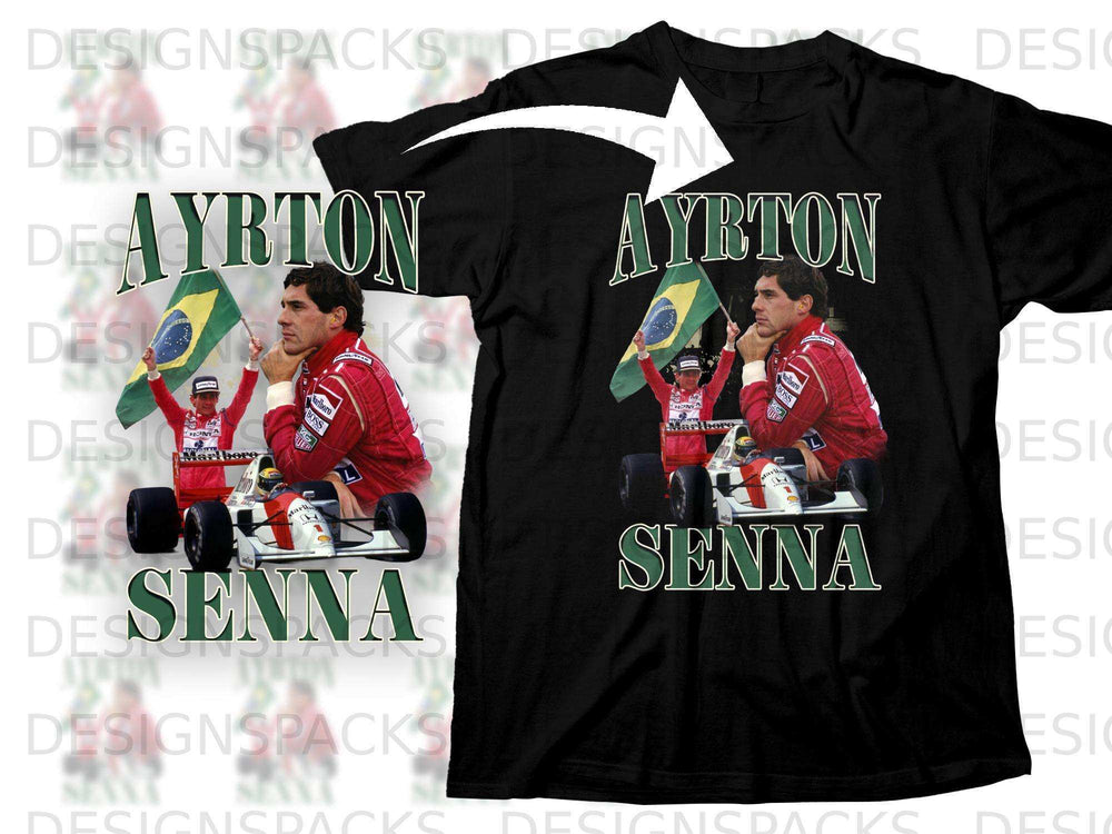 Black t-shirt featuring Ayrton Senna graphic with racing helmet and flag.