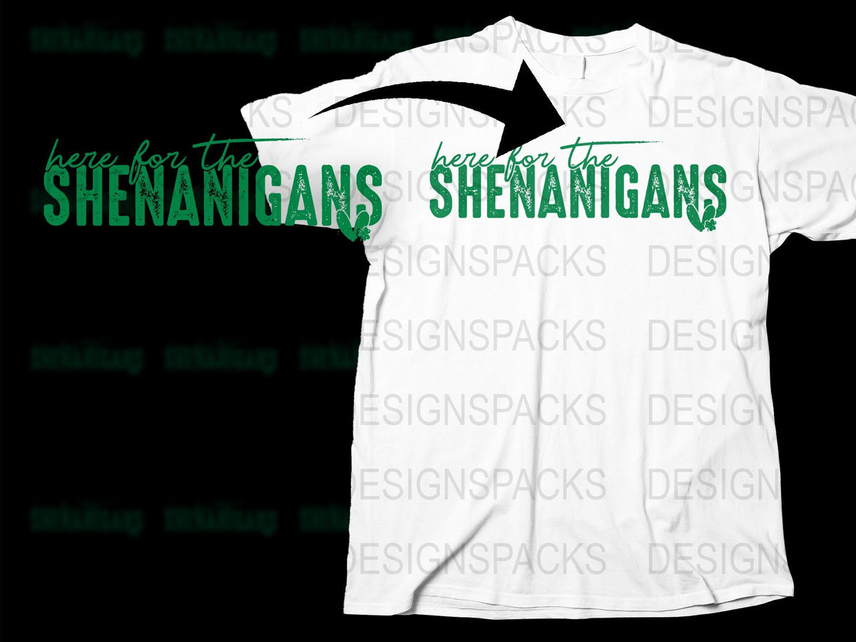 St. Patrick's Day T-Shirt, Here for the Shenanigans Graphic Tee, Green Text, Casual Party Wear