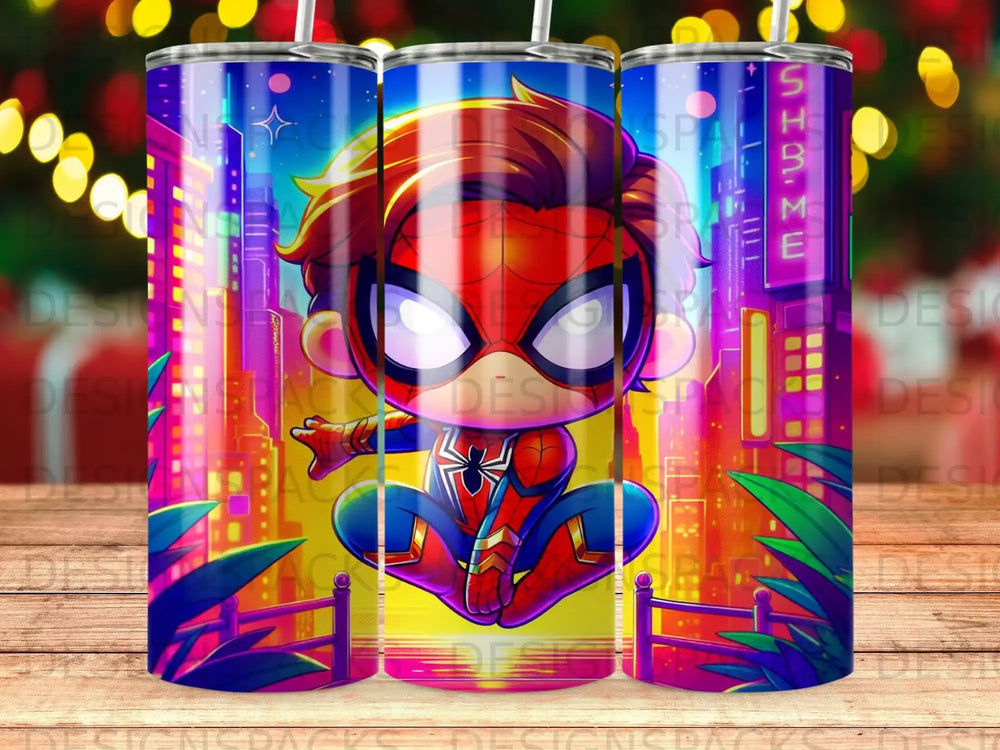 Chibi Spider-Man in front of a vibrant, colorful cityscape at night.