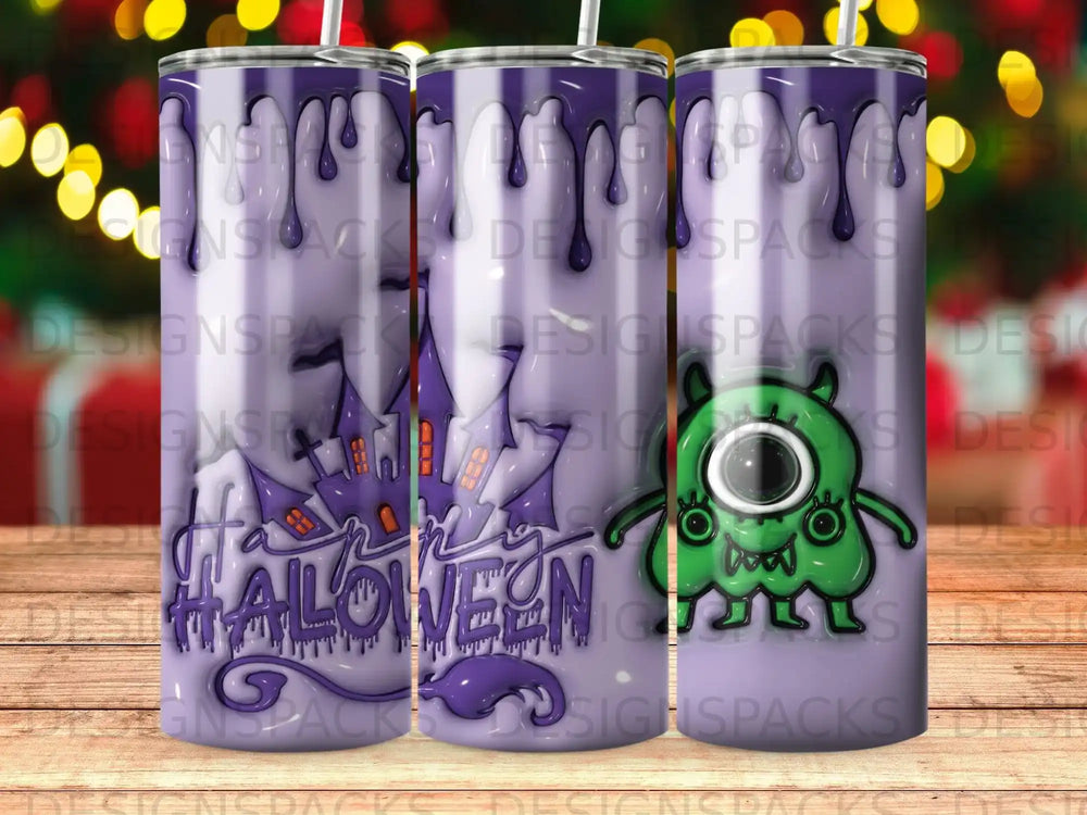 Halloween tumbler with dripping purple design and cartoon monster.