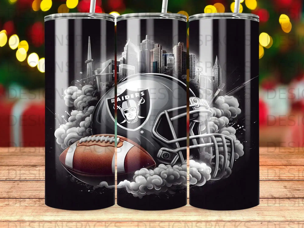 Las Vegas Raiders helmet and football with city skyline and smoke.
