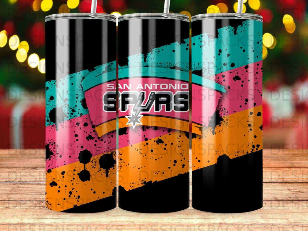 San Antonio Spurs logo on a black, orange, and teal speckled tumbler.