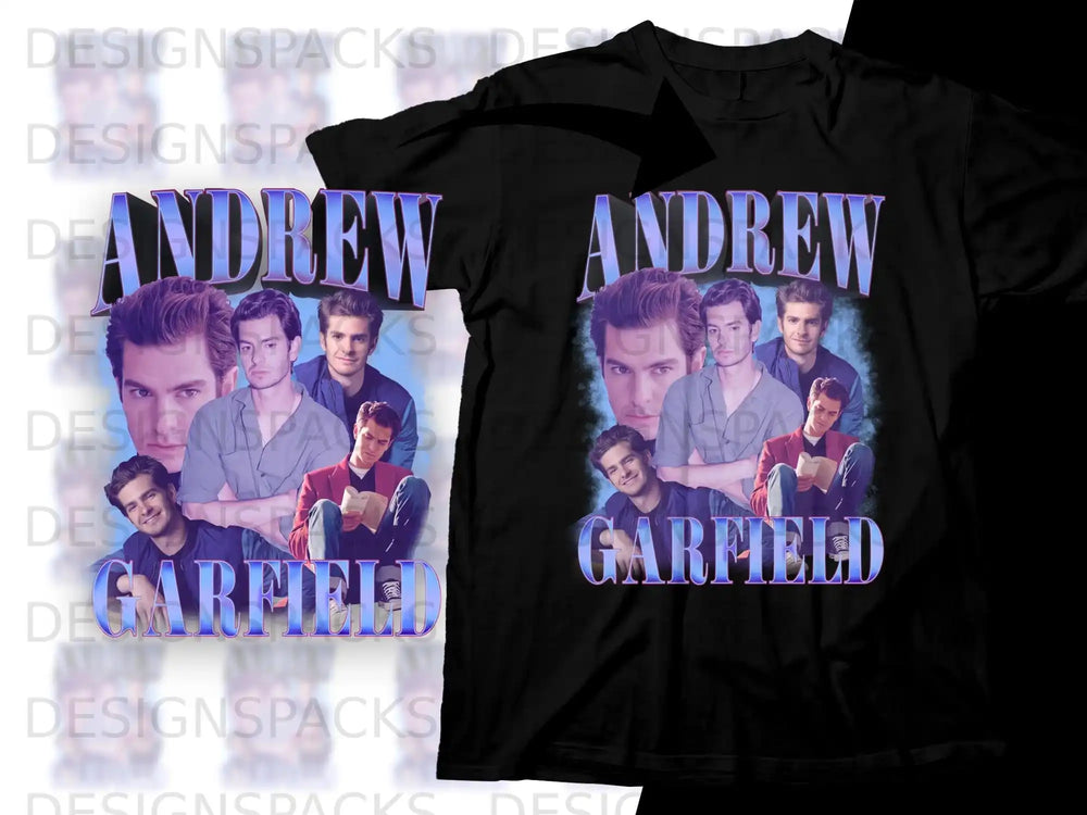 Andrew Garfield collage graphic on a black t-shirt.