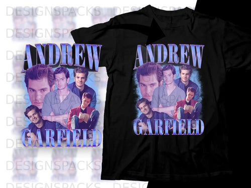 Andrew Garfield collage graphic on a black t-shirt.