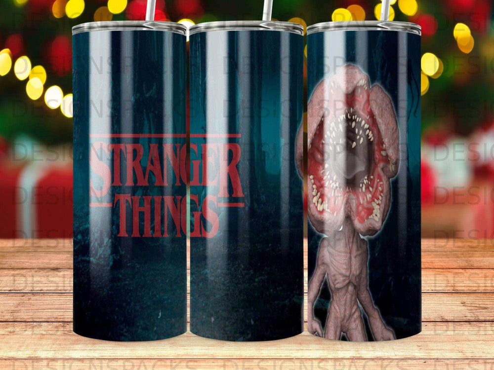 Stranger Things tumbler with Demogorgon and forest background.