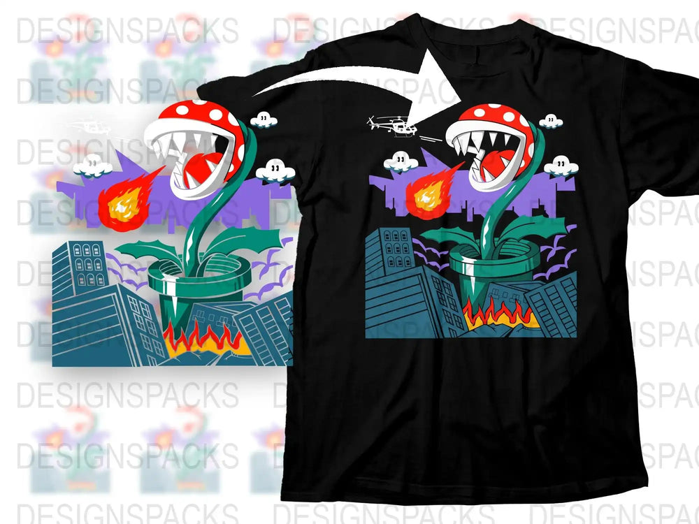 Colorful Monster Plant T-Shirt, Urban Style Graphic Tee, Fire Breathing Plant Design, Unique Casual Apparel