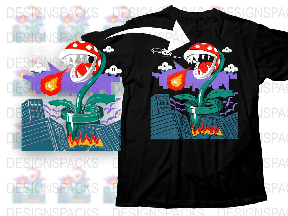 Colorful Monster Plant T-Shirt, Urban Style Graphic Tee, Fire Breathing Plant Design, Unique Casual Apparel
