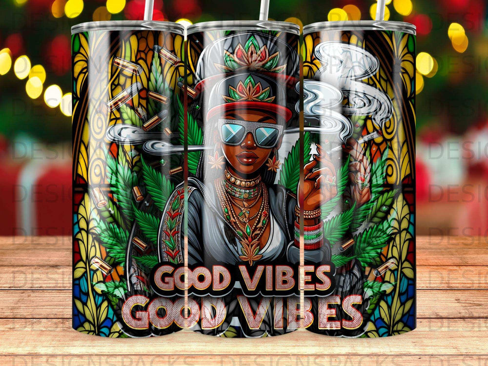 Woman with sunglasses smoking, "Good Vibes" text, stained glass background.