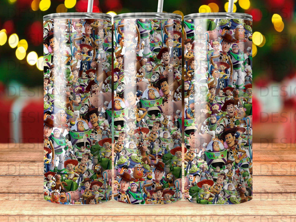 Toy Story characters fill a pattern on a tumbler with bokeh lights in the background.