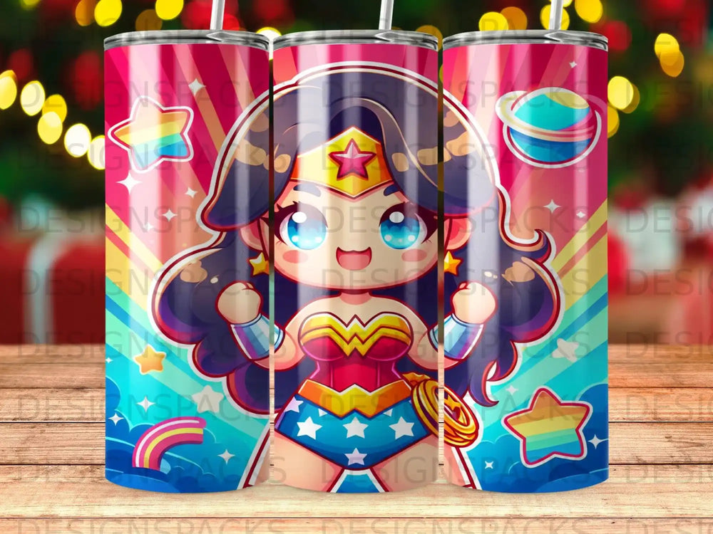 Wonder Woman character with starry background and planets on a tumbler.