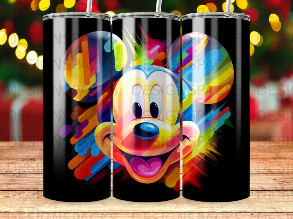 Mickey Mouse face with colorful, abstract paint splashes on a black background.