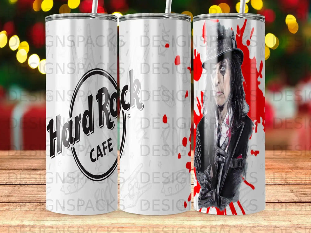 Alice Cooper on a Hard Rock Cafe tumbler.
