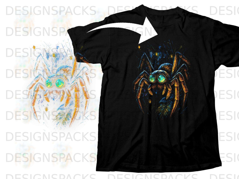 Black t-shirt with a colorful, detailed spider graphic on the chest.