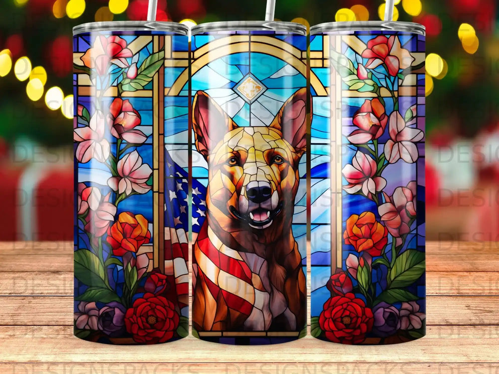 German Shepherd with American flag in stained glass floral design.