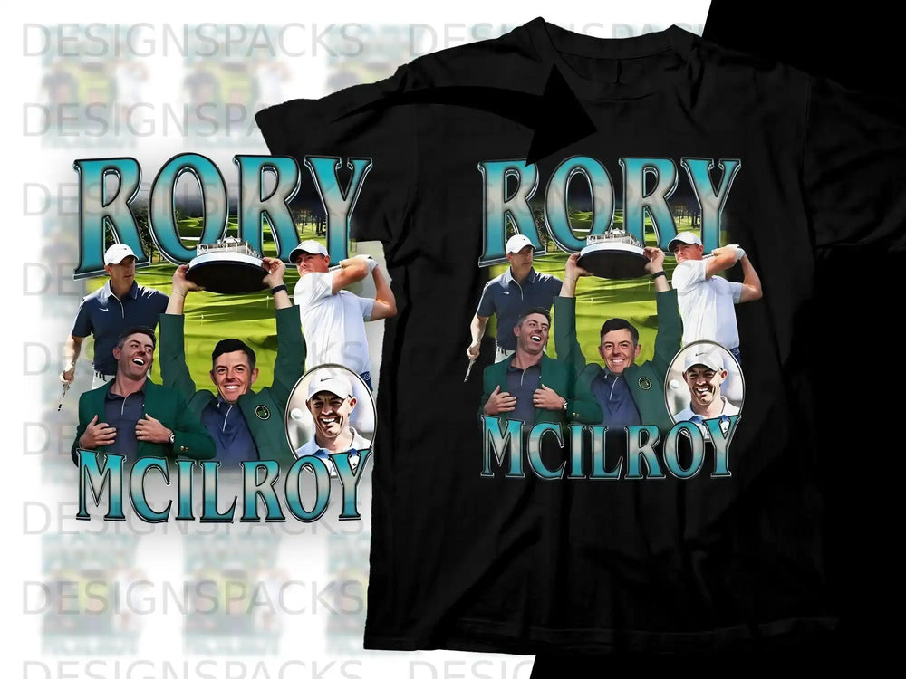 Rory McIlroy holding trophies, with the text "RORY MCILROY".
