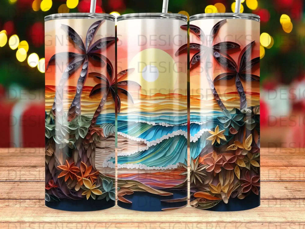 Paper art beach scene with palm trees, ocean waves, and tropical foliage.
