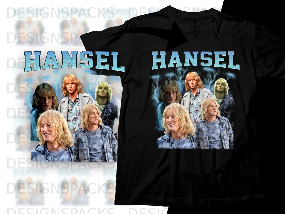 Black t-shirt featuring a collage of actor Ben Stiller as Hansel.