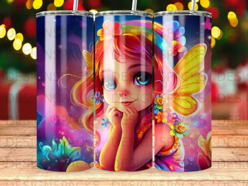 Fairy with colorful wings and flowers, holding hands to cheeks.