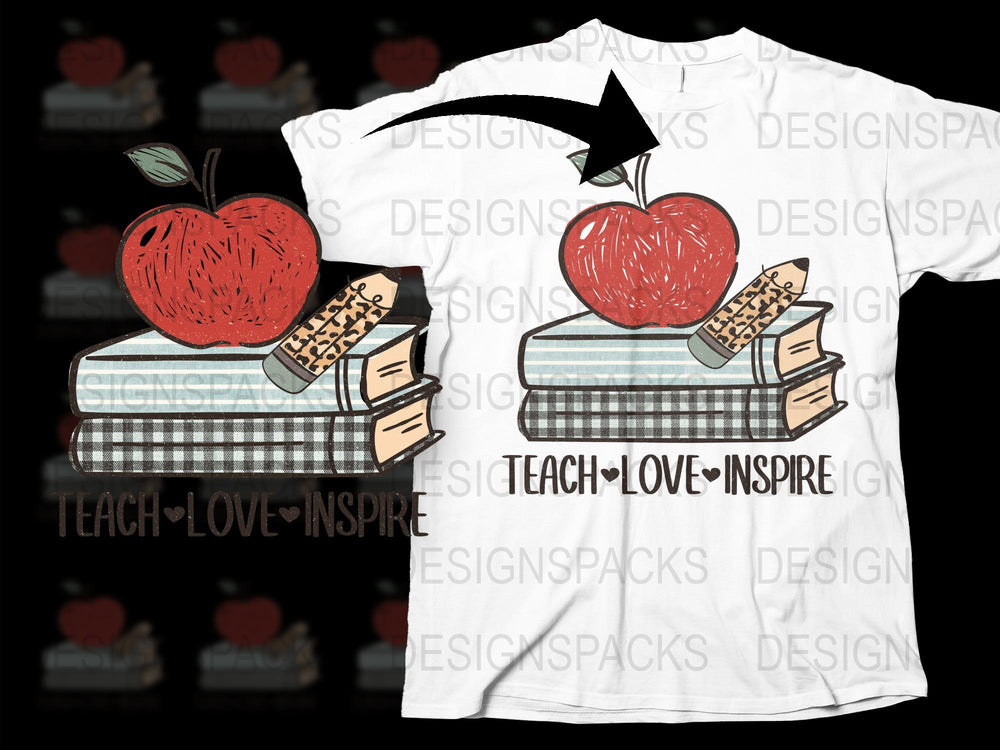 Teacher Apple Book Stack Graphic T-Shirt, Teach Love Inspire, Unisex Casual Fit, Perfect for Educators and Back to School