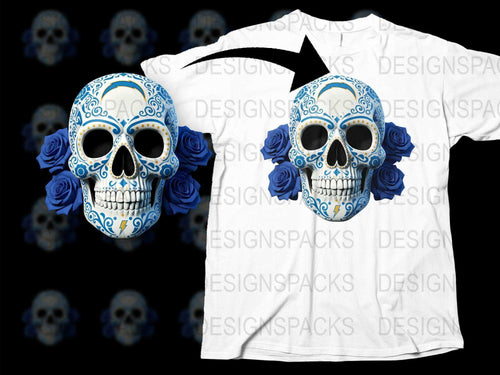 Sugar Skull T-Shirt with Blue Roses, Day of the Dead Graphic Tee, Unisex White Cotton Shirt