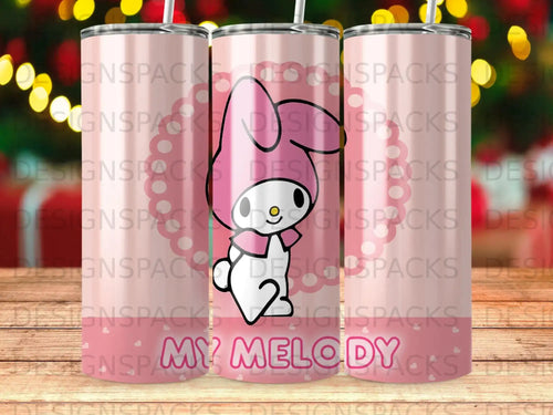 Pink tumbler with My Melody character and repeating pattern.