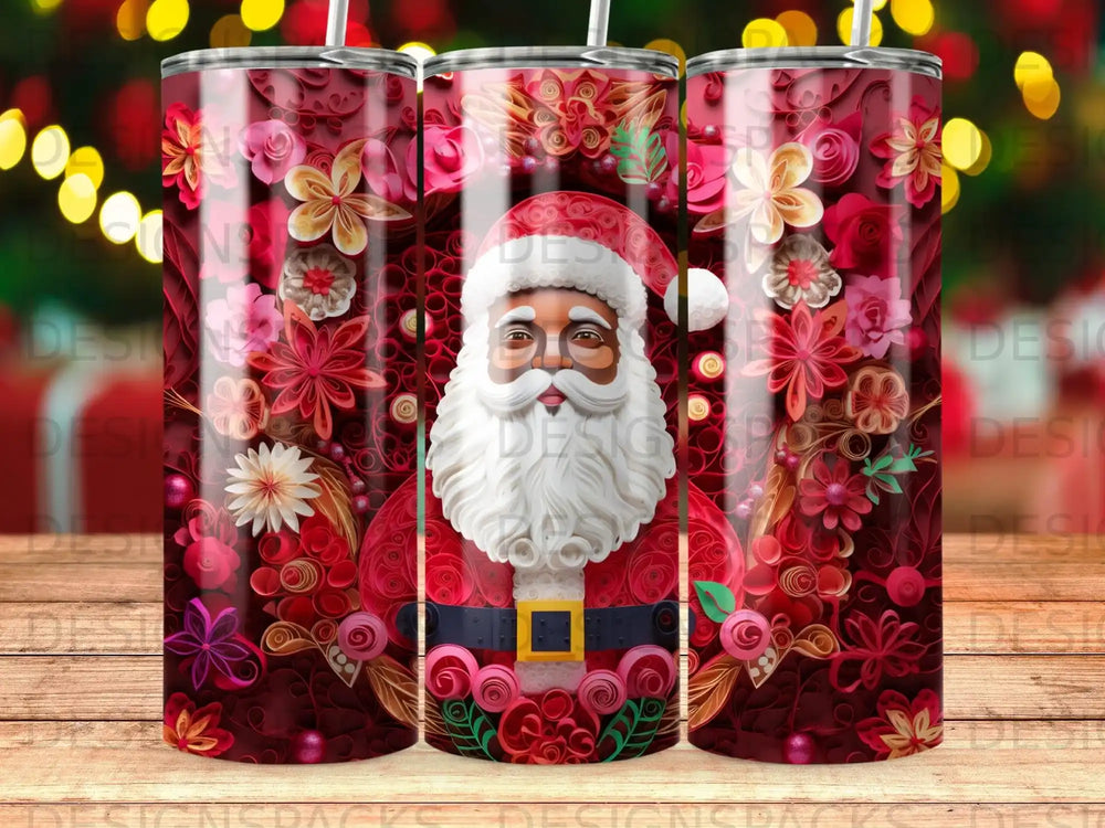 Santa Claus with floral designs on a patterned tumbler.