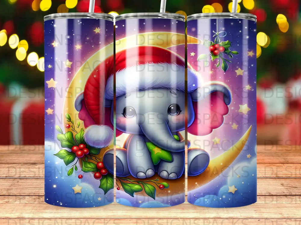 Cartoon elephant in Santa hat sitting on a crescent moon with stars.
