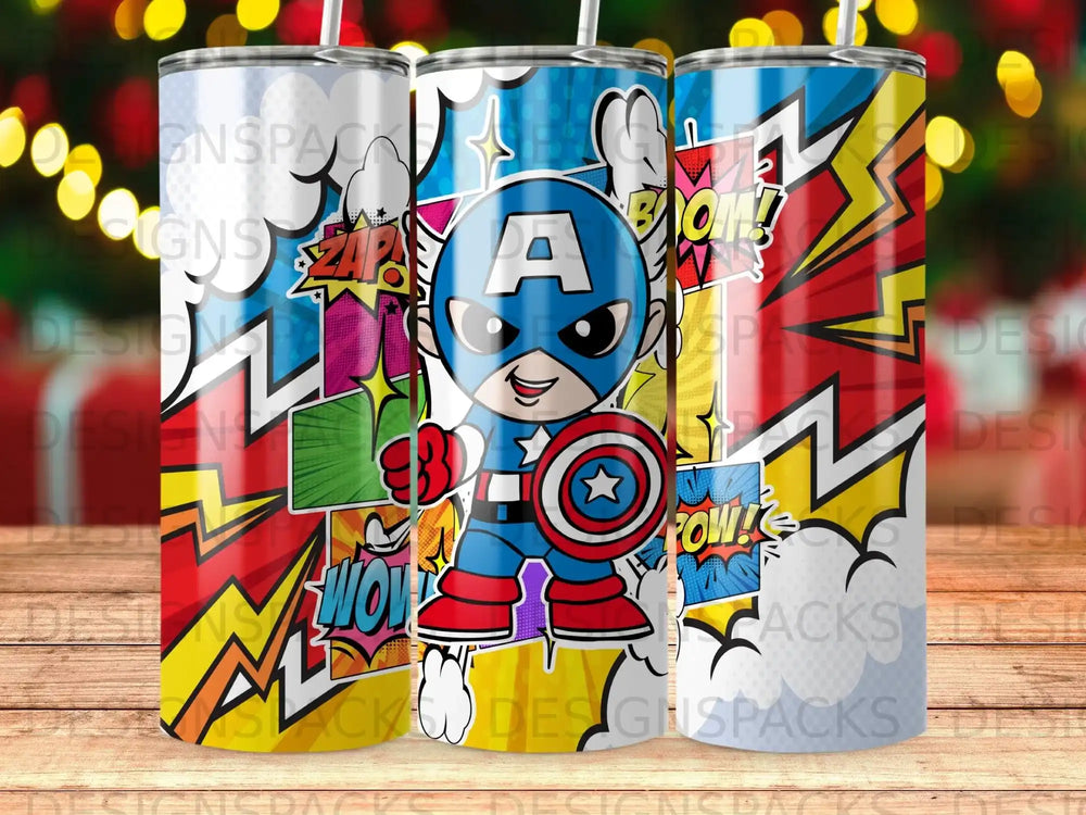 Superhero child with Captain America shield and comic book style background.