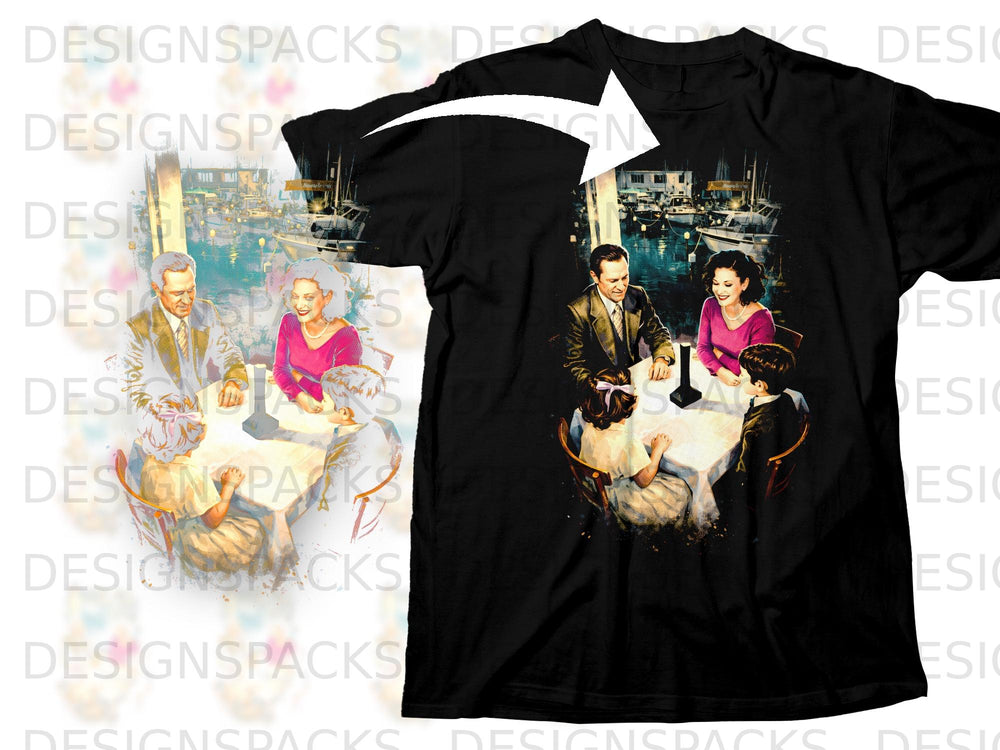 Black t-shirt with a family dining at a table with a harbor background.