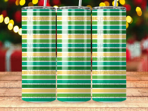Green and yellow striped tumbler with Christmas lights pattern.