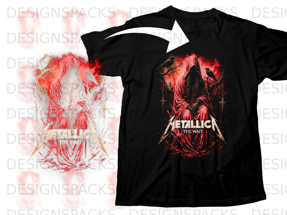 Black t-shirt with Metallica "The Wait" design featuring a cloaked figure and crows.