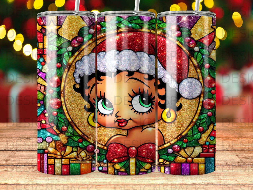 Betty Boop in Santa hat with Christmas wreath, presents, and sparkles.