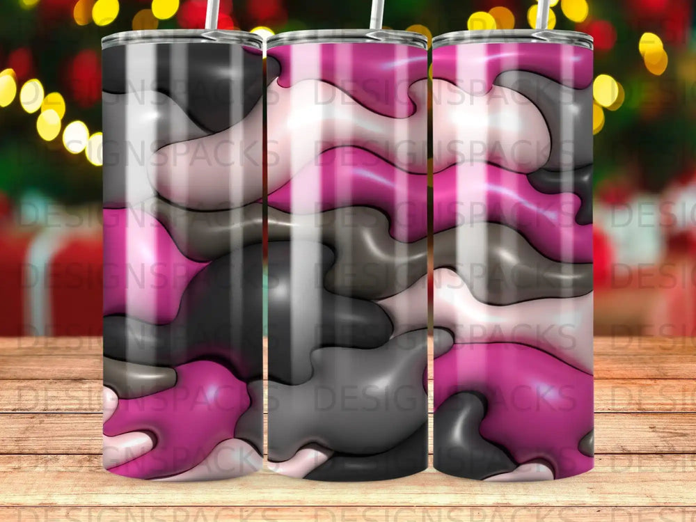 Three tumblers with a colorful, abstract wavy design.