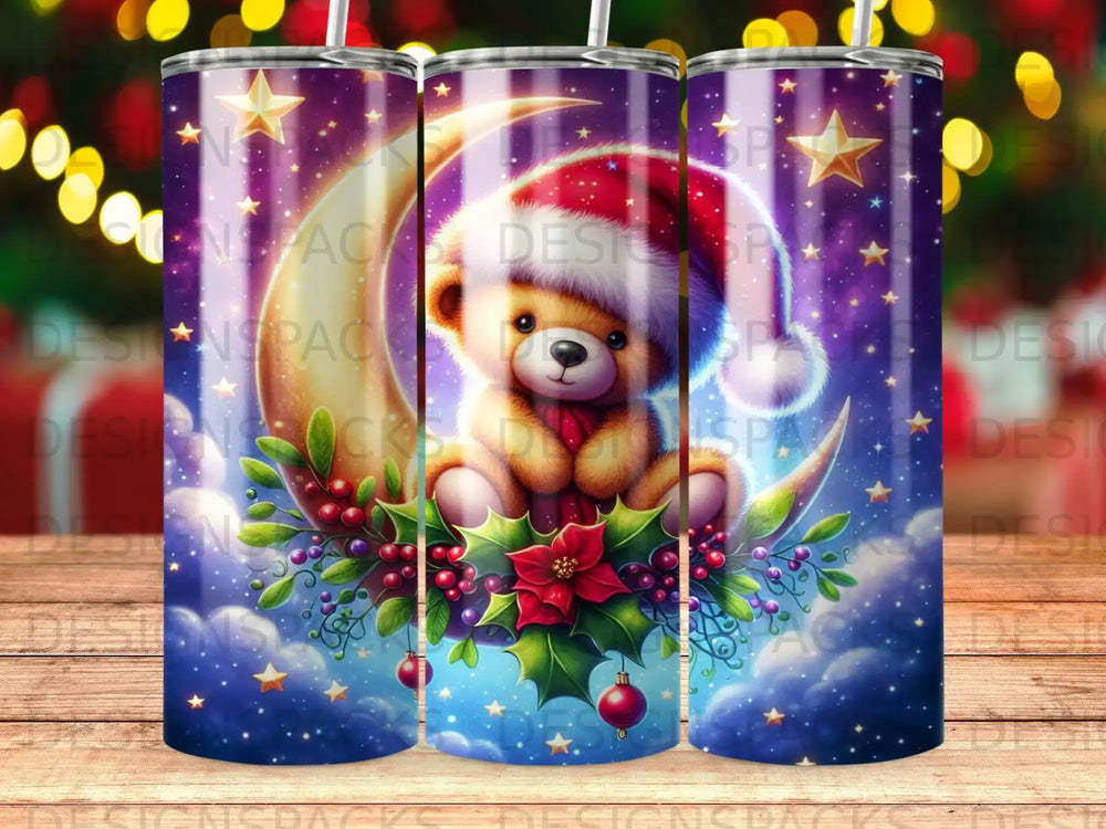 Teddy bear in Santa hat sitting on moon with Christmas ornaments and stars.