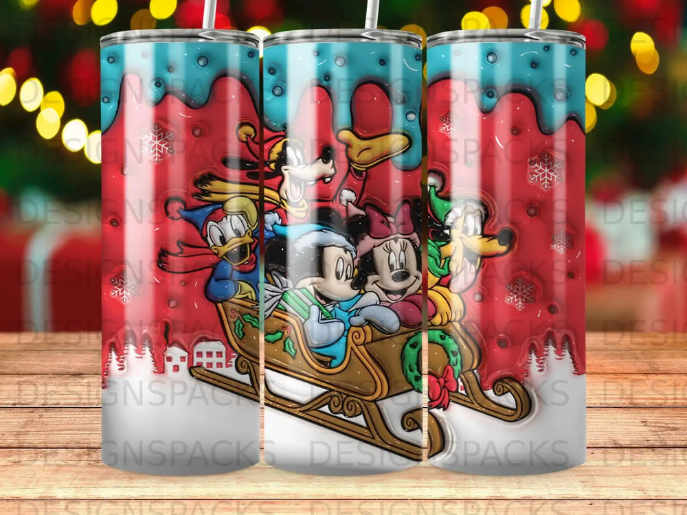 Mickey, Minnie, Donald, and Goofy in a sleigh with snowflakes and festive decorations.