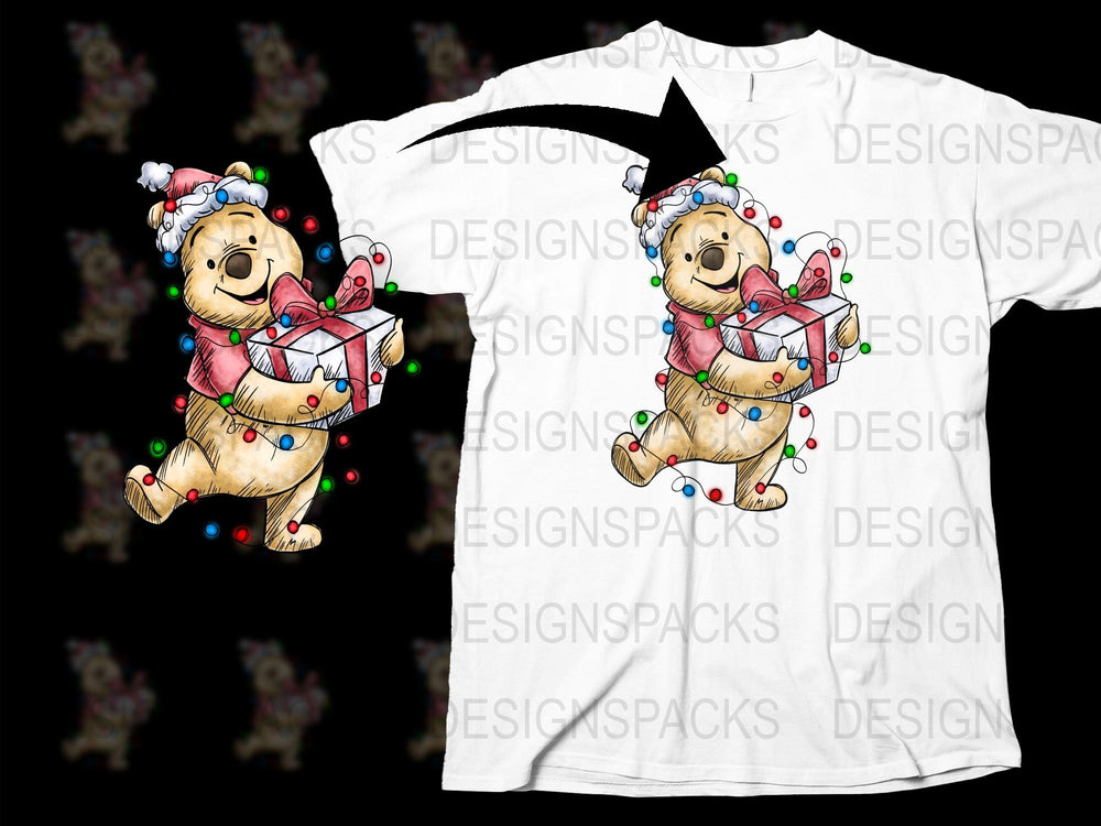 Christmas Bear T-Shirt, Cute Festive Teddy with Lights and Gift, Holiday Casual Wear, Unisex Gift Idea