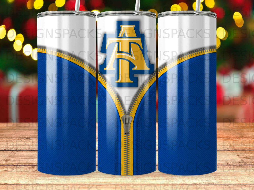 Tumbler with a blue and gold zipper design and "AA" logo.