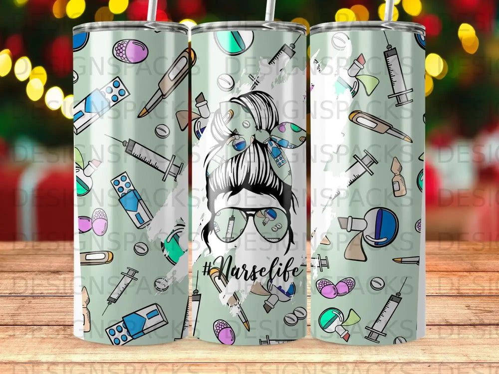 Tumbler with nurse-themed design featuring syringes, pills, and "#Nurselife" text.