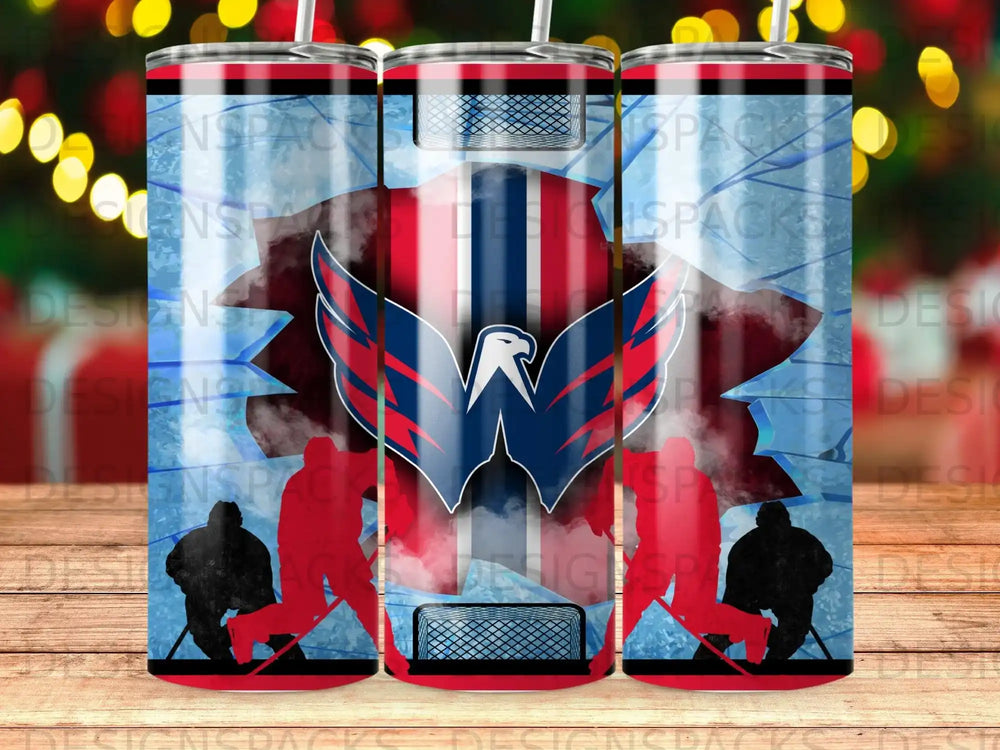 Washington Capitals logo with hockey players and net on a blue cracked ice background.
