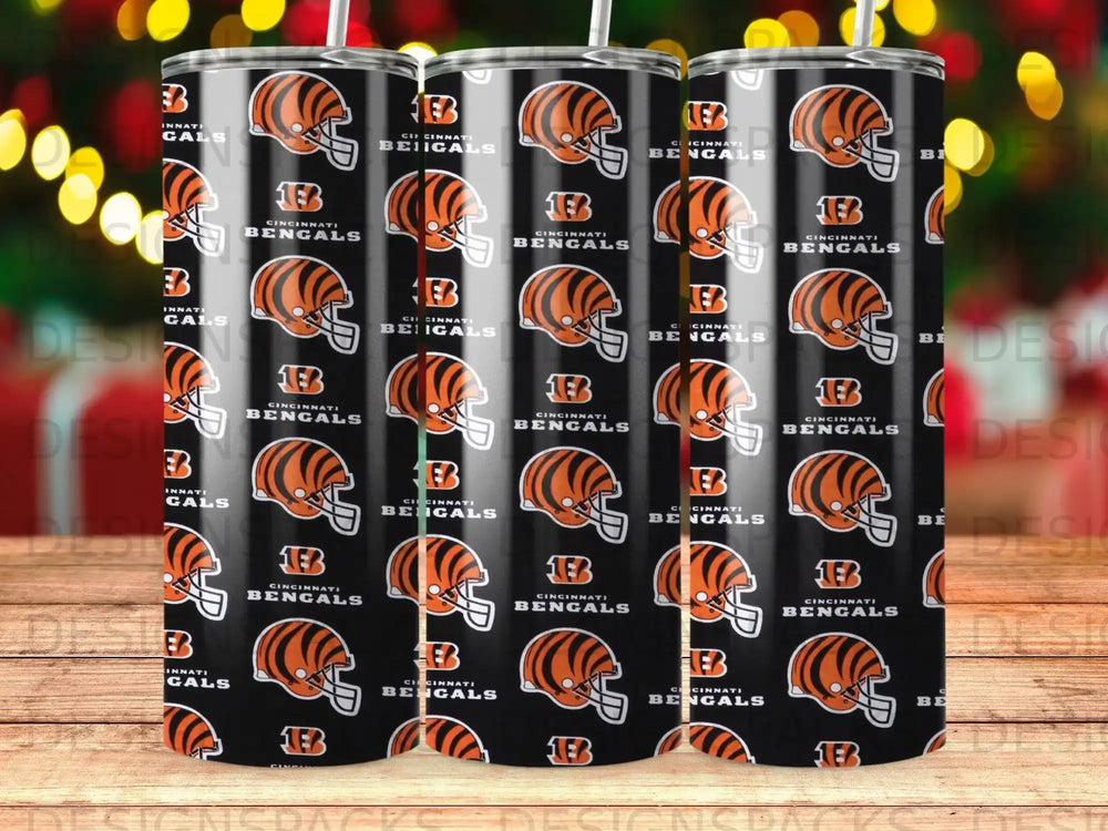 Cincinnati Bengals helmet pattern on a black tumbler.
