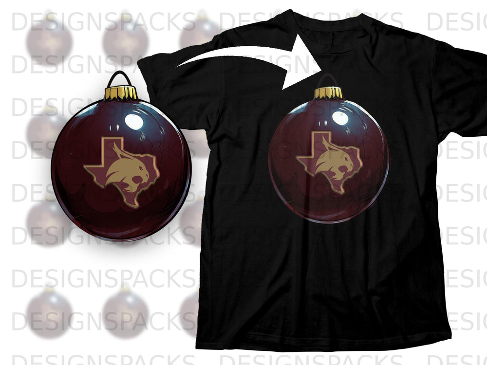 Black t-shirt mockup featuring a maroon Christmas ornament with a gold bobcat silhouette.