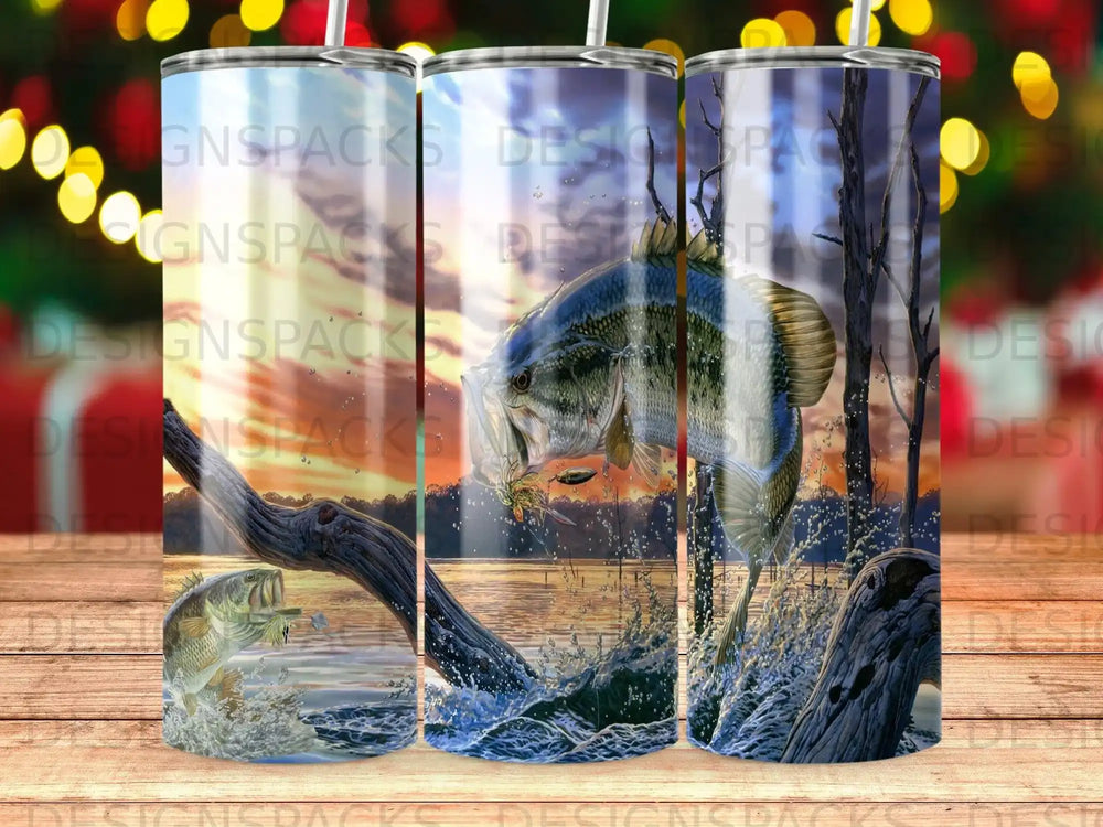 Largemouth bass leaping from water with sunset background.