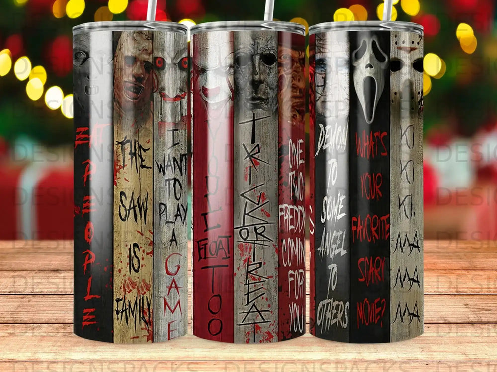 Three tumblers with horror movie masks and text designs.