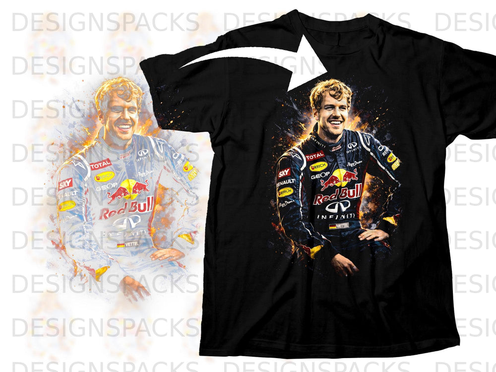 Sebastian Vettel in Red Bull racing suit with paint splatter effect on black t-shirt.