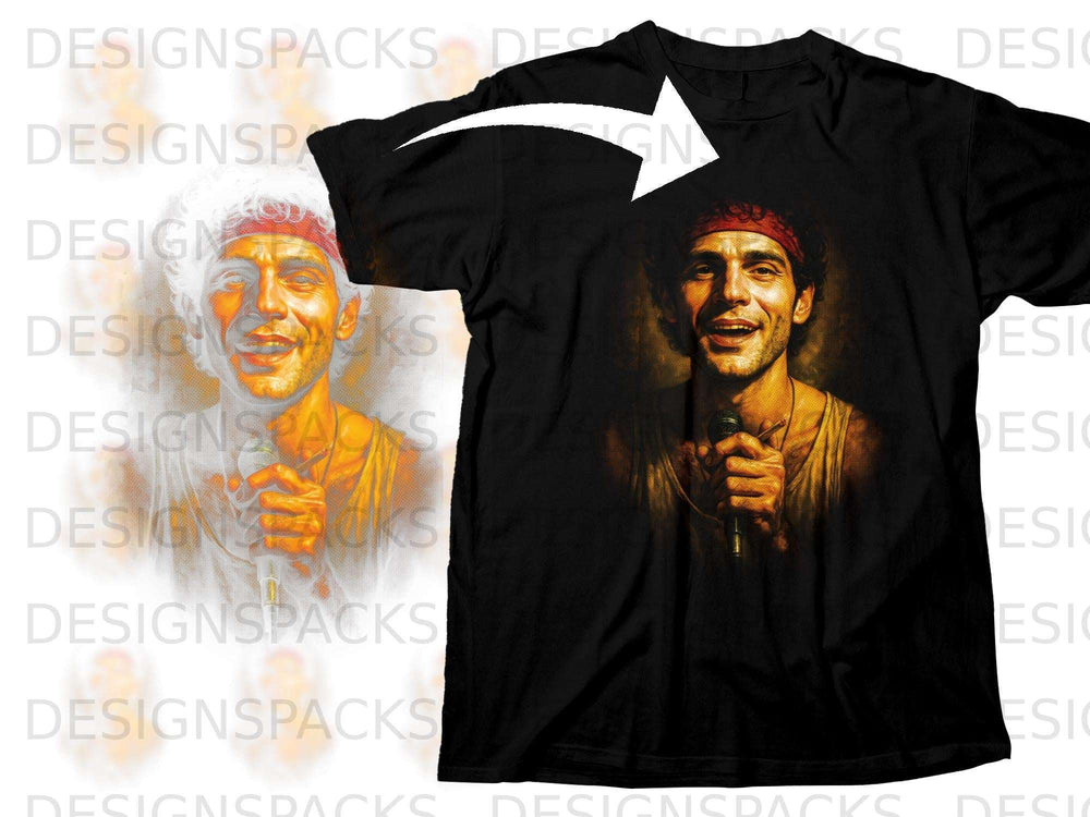 Black t-shirt with a graphic of a man with a red bandana holding a microphone.