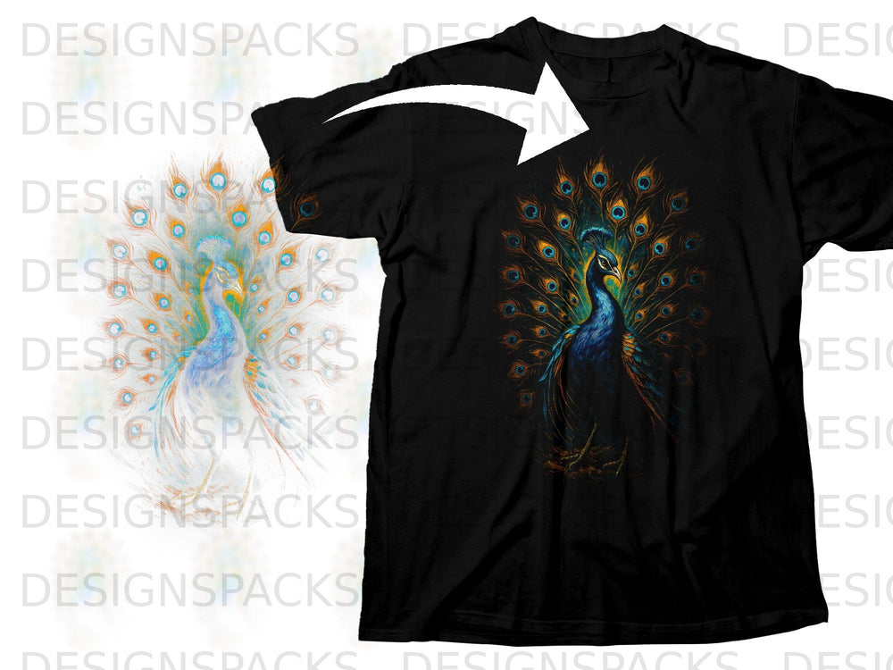 Black t-shirt featuring a detailed print of a peacock with its feathers fanned out.