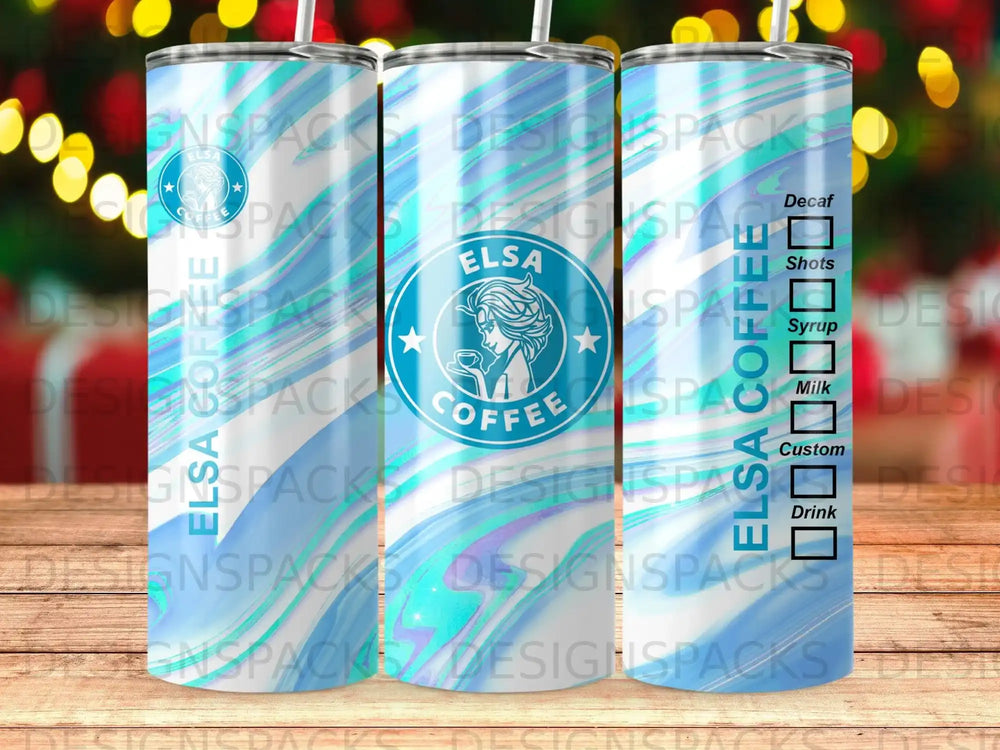 Elsa Coffee tumbler with abstract blue and white background.
