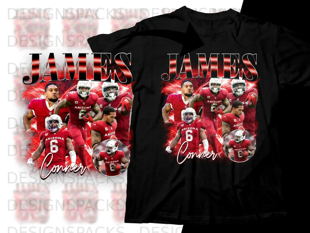 James Conner Arizona Cardinals player graphic on black t-shirt.