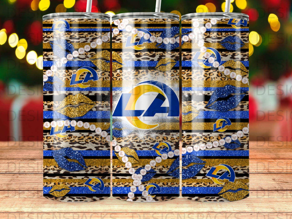 Los Angeles Rams leopard print tumbler with pearls and glitter.