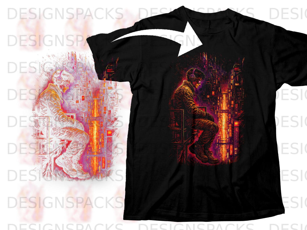 Black t-shirt featuring a person with headphones sitting in a futuristic city.